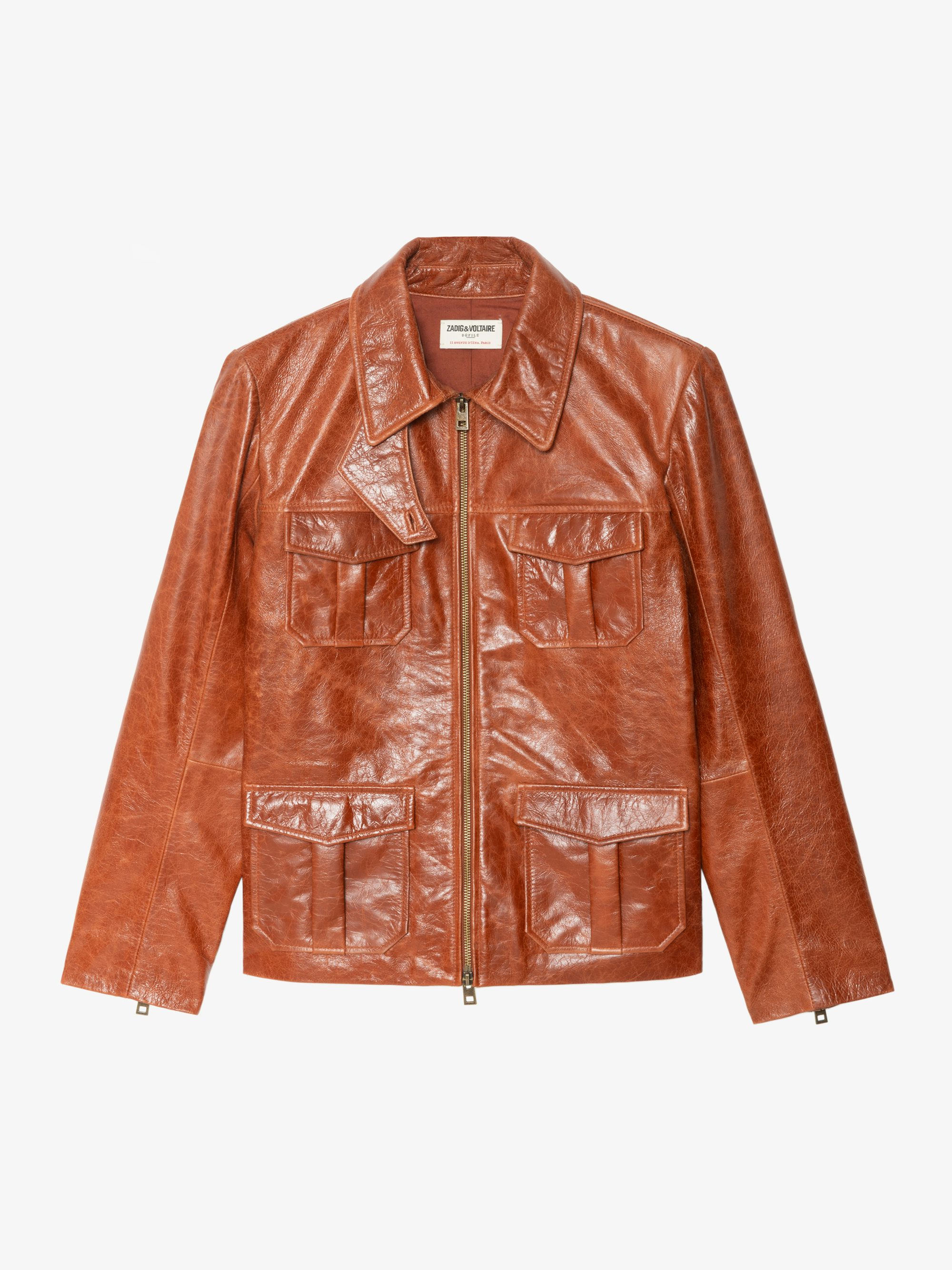 Lienna Leather Jacket - Glossy leather jacket with multiple pockets featuring zip closure and embossed wings on the back.